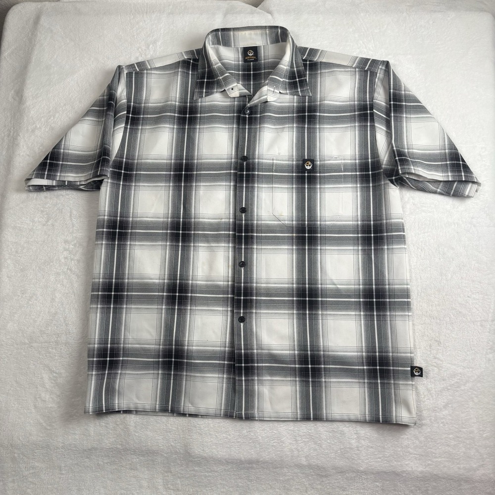 VTG Lowrider Plaid Short Sleeve Button Up Collared Shirt Flannel Men's XL Stains
